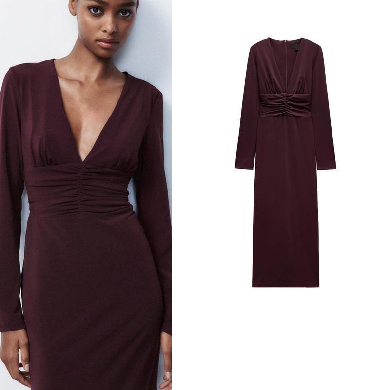 Fall and Winter New Women's Clothing New Year Christmas Dress Ruched Decoration Midi Skirt Long Dress 3152304