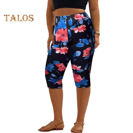 מכנסיים קצרים לנשים מותן גבוה אלסטי הדפס פרחים דיגיטליים אורך אמצע השוק מכנסיים צמודים מכנסיים קצרים