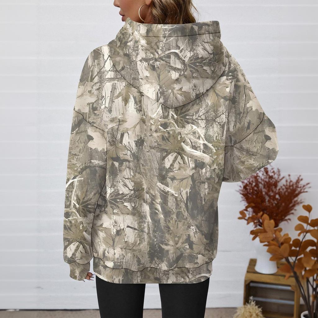 Women Loose Fit Hoodie Sweatshirt with Branch Pattern Print Long Sleeve Pullover Casual Sportswear Top with Front Pocket and Hood