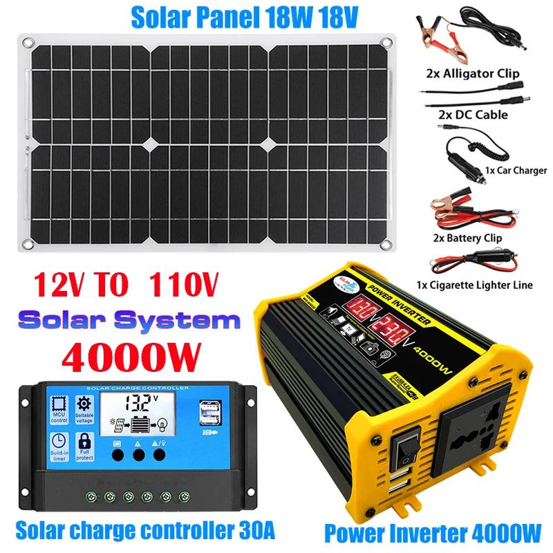 110V/220V Solar Panel System 18V18W Solars Panels+30A Charge Controller+4000W Modified Sine Wave Inverter Kit Power Generation