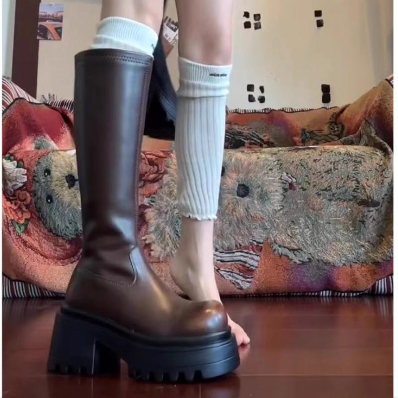 Black Boots for Women, Summer Thick-soled High Knight Boots, Small Height-increasing Boots Show Legs and Long Leather Stitching