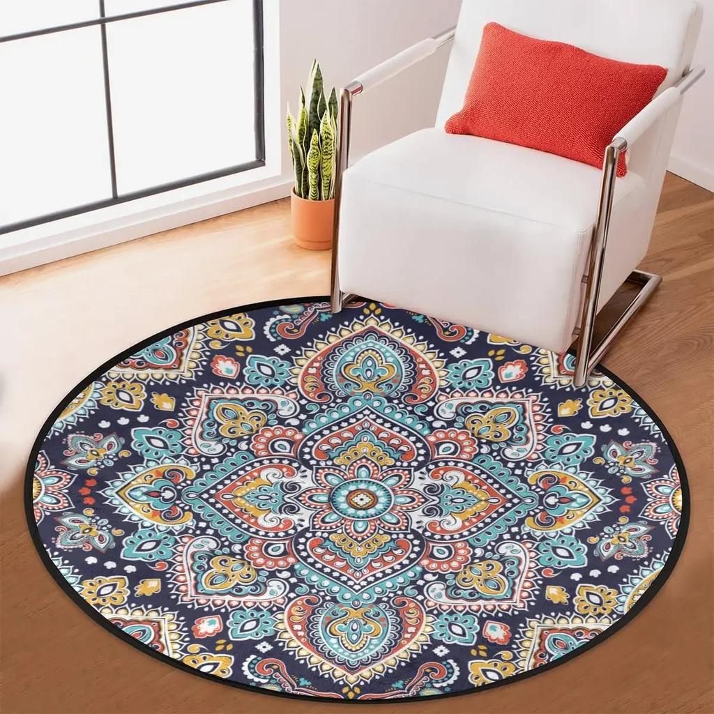 Abstraktní Boho Květinová Mandala Kulatý Koberec Exotický Květinový Kruh Koberec do Obývacího Pokojí Měkká Protiskluzová Podložka do Dětského Pokojí Vstupní Podlahová Rohož