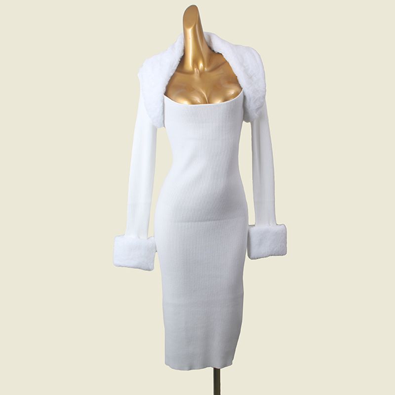 

French Entry Lux Artificial Fur Grass Dress Low round Neck Collarbone Beauty Long Sleeves Hip Knitwear Export Long Dress White 1XL