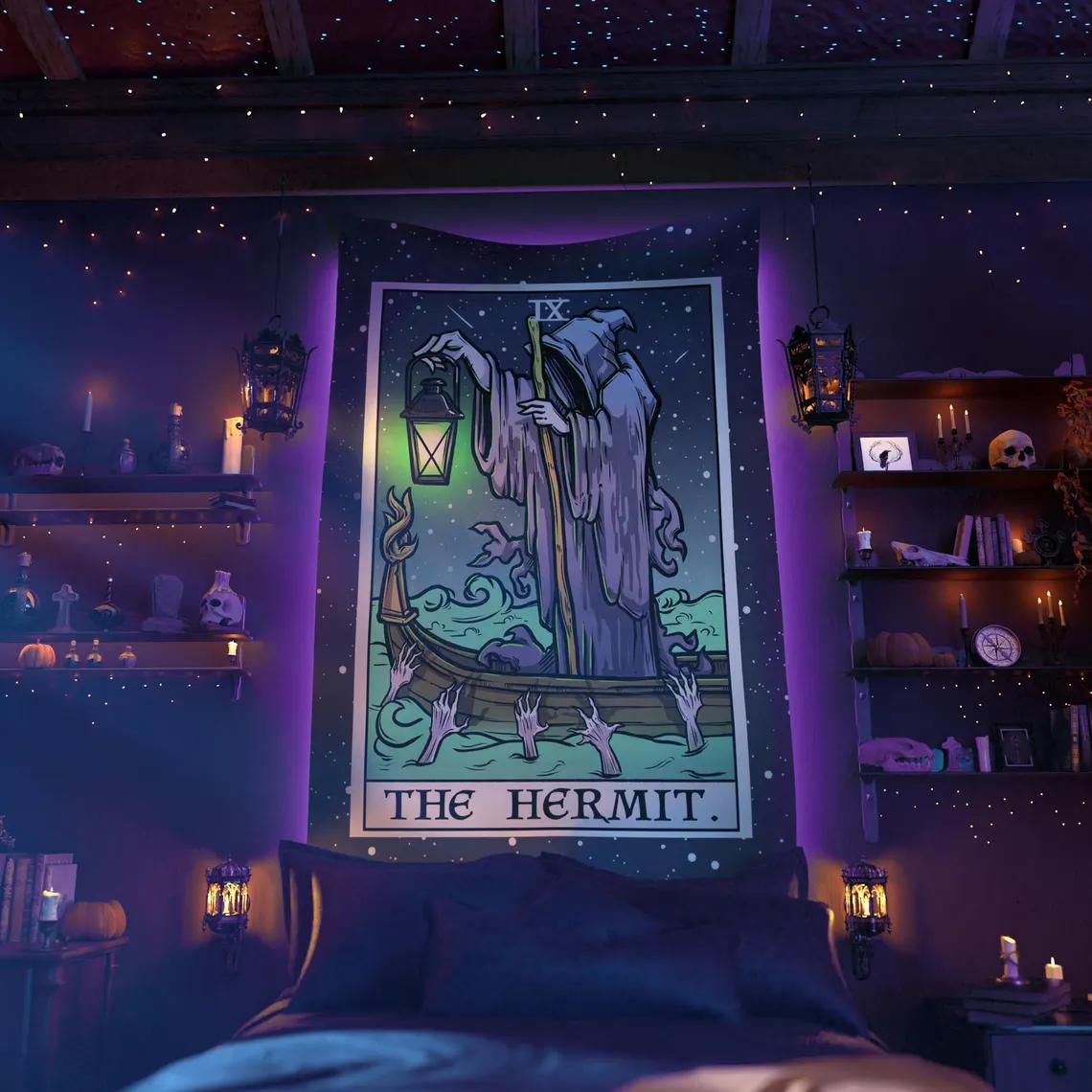 The Hermit Tarot Card Tapestry Halloween Wall Decor Grim Reaper Prints Gothic Wall Hanging Witch Home Decor Spooky Decoration 74x94cm(29x37in)
