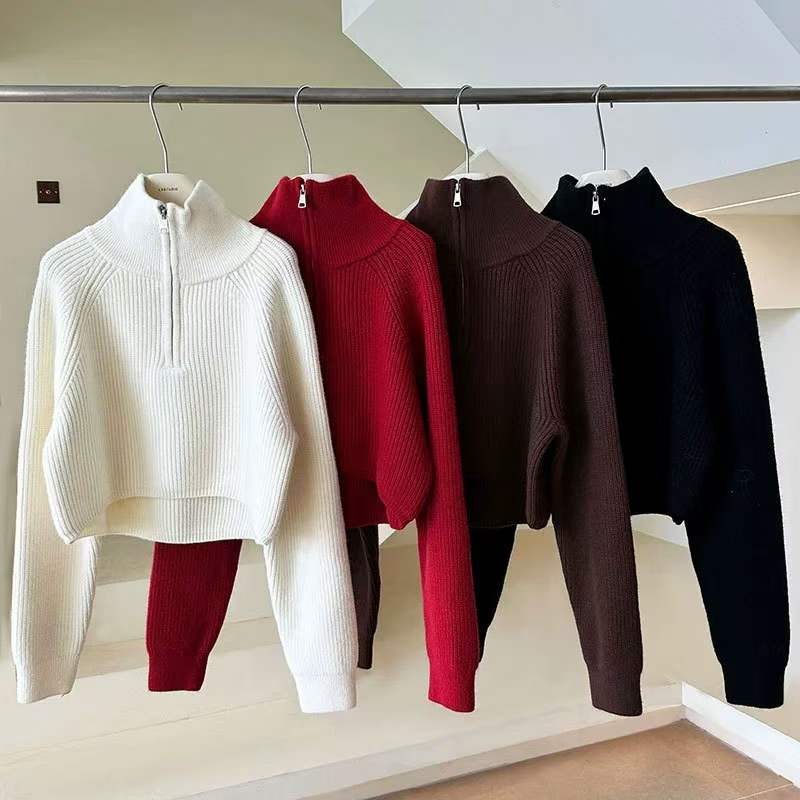 Poloviční vysoký límeček na zip Pletený svetr pro ženy Podzimní Lucerna Rukáv Vintage Volné Pulovry Svetry Zimní Silné Ležérní Jednobarevné Teplé svetry 25404
