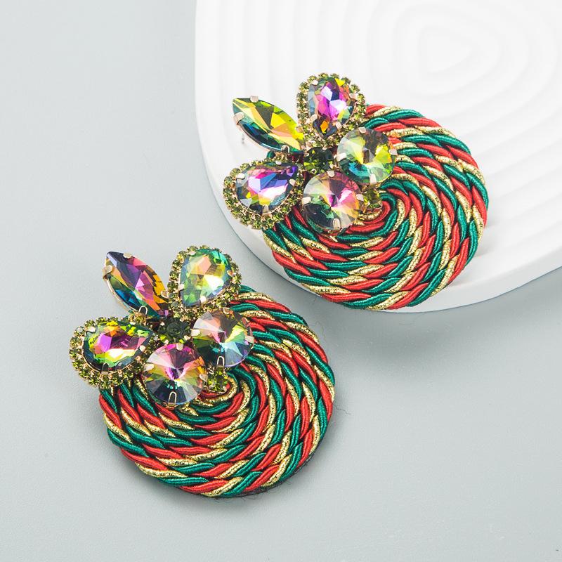 Frauen Retro Tropfen Ohrringe Titan Stahl Legierung Anhänger Ohrringe Acryl Bunte Kristall Elastische Faden Weben Geometrische Ohr Ornamente