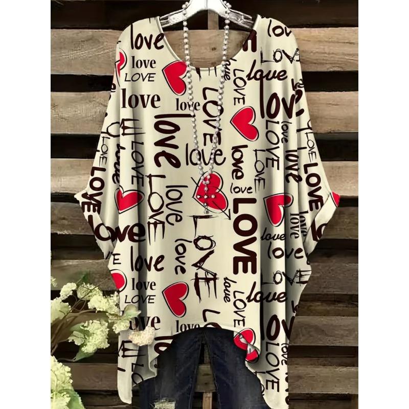 Damen T-Shirts Regenbogen gestreift Herzmuster Rundhals-Tees Vintage Asymmetrischer Saum Rundhals-Oberteile Vielseitige Lockere Damenbekleidung