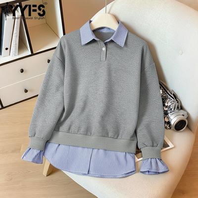 Camicette e camicie a maniche lunghe con scollo a V e stampa a righe, casual, primaverili ed autunnali da donna