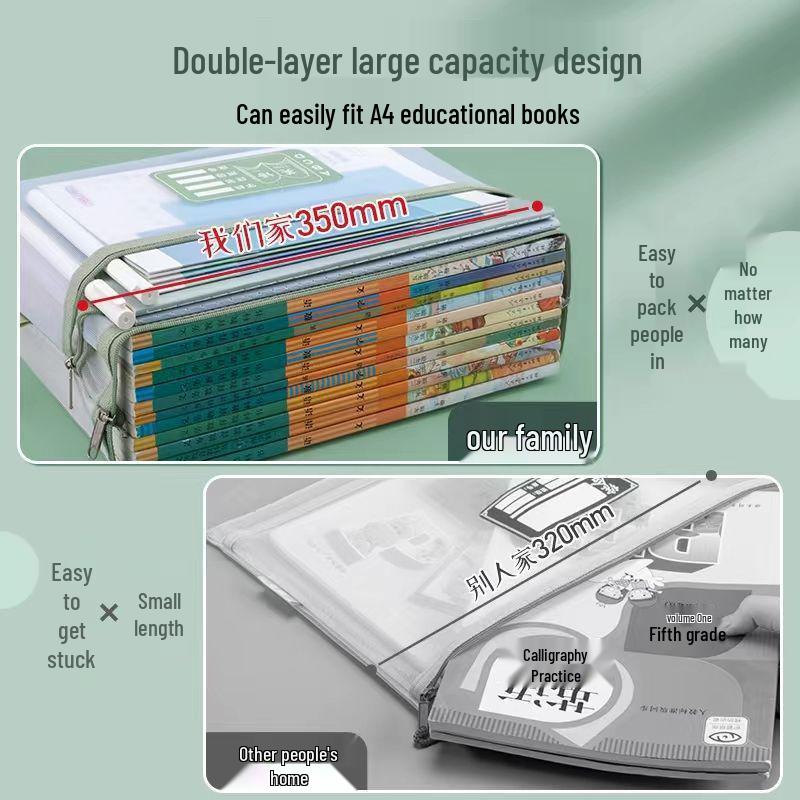 Transparent Mesh Double-Layer Zippered File Bag with Large Capacity in Morandi Colors for Elementary Students