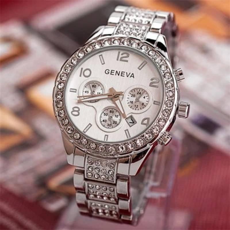 Brilliant Geneva Luxury Women Crystal Stainless Steel Quartz Analog Wrist Watch