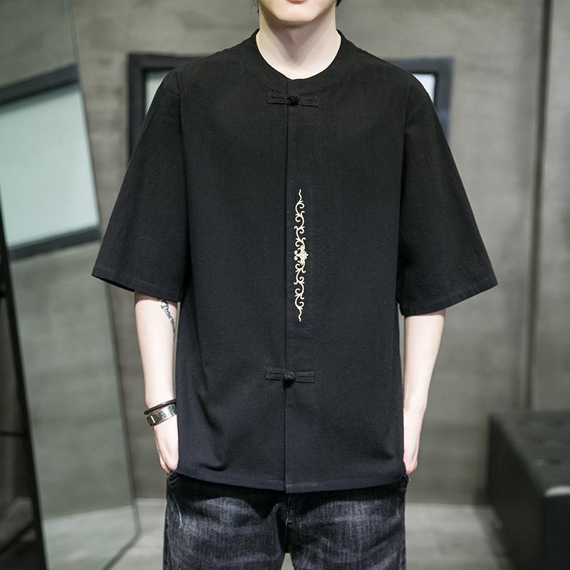 Chinese Style Summer Men's Cotton and Linen Embroidered Short-sleeved Shirt Retro Casual T-shirt
