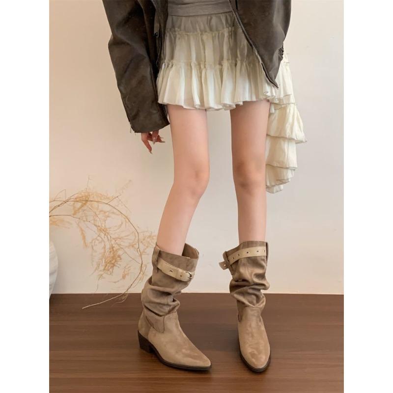 Thick Heel Pointed Head High Folded Tube Pile Boots Women's New Autumn and Winter Western Cowboy Medium Tube Knight Boots
