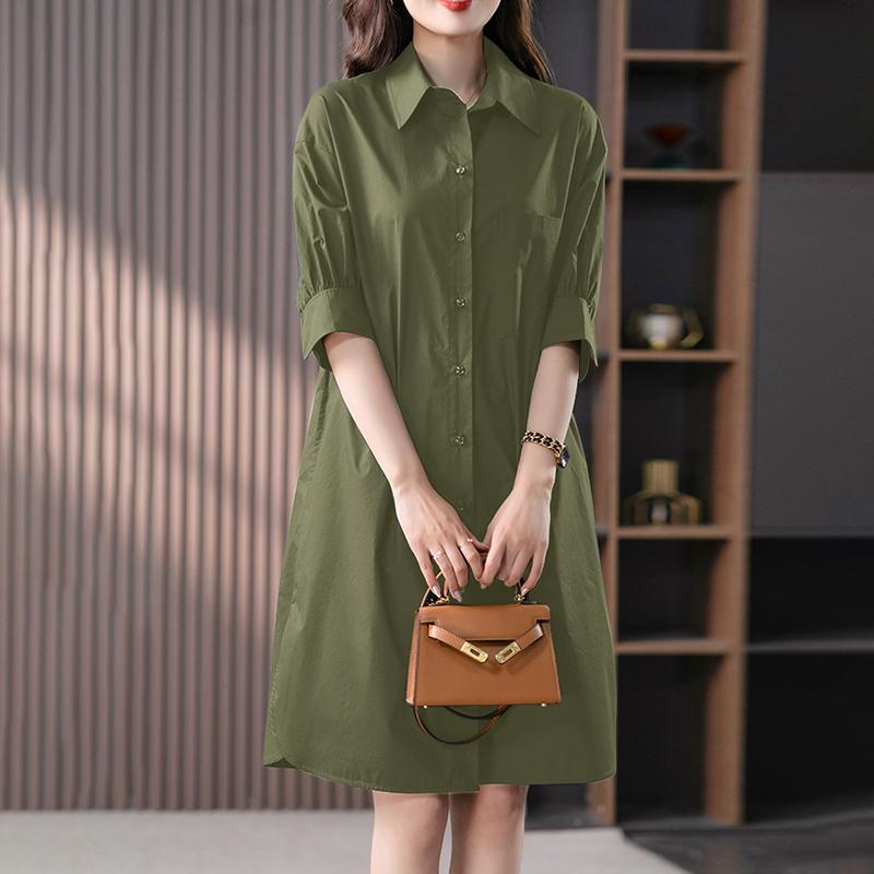 

ZANZEA Жіноча повсякденна сукня-сорочка з коміром, що відвертається, рукавами 3/4 та вільним кроєм темно-зелений колір