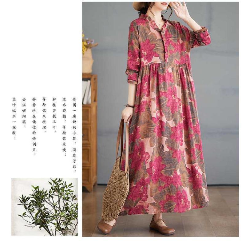 Printed Loose Belly Shading Mulle Lace Long Sleeve Hem Long Dresses