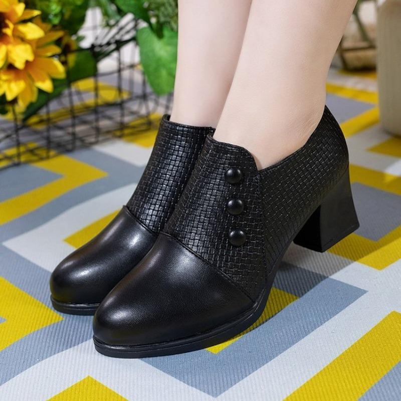 Single Shoes Women's Spring and Autumn New Thick Heel Pointed Small Leather Shoes Side Zipper