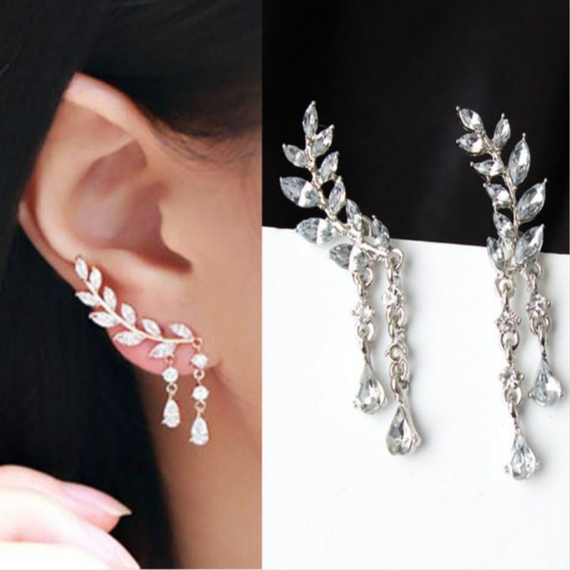 1 Pair of Fashion Crystal Leaf Tassel Drop Earrings Rhinestone Straps Women's Jewelry Gifts