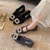 [Fanfna] Small inner height increase French rhinestone square buckle velvet Mary Jane shoes women's thick heel fluffy cotton shoes