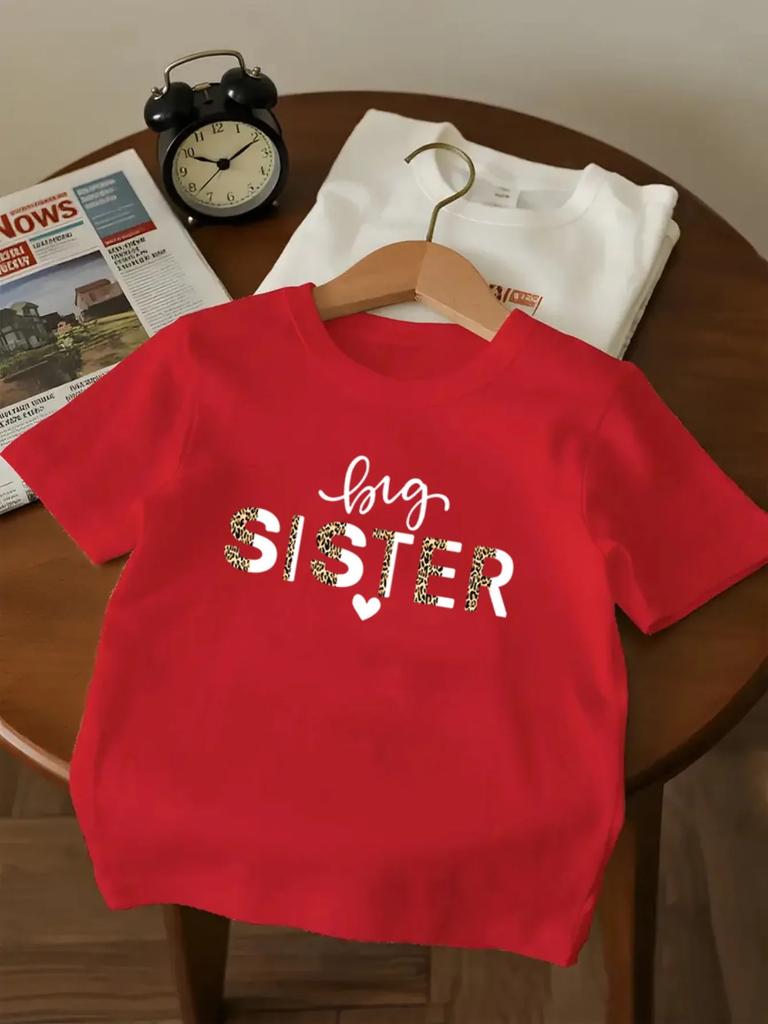 Leopard Print Big Sister Letter Graphic Short Sleeve Tee For Little Girls Crew Neck Lightweight Summer Family Matching Kids Casu
