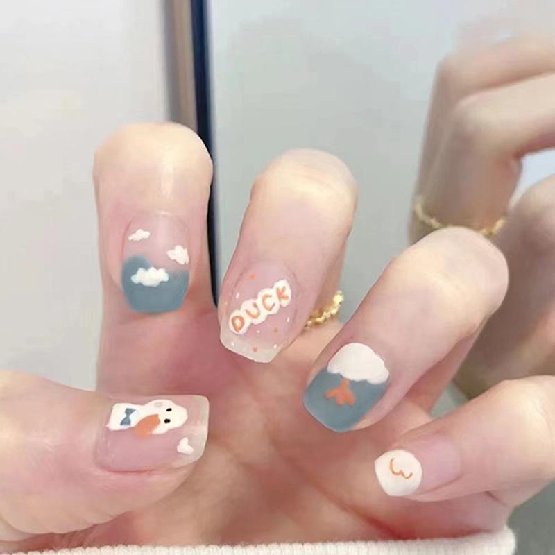 Cute short wear nail matte texture childlike duckling slices fake nail removal without engraving and grinding