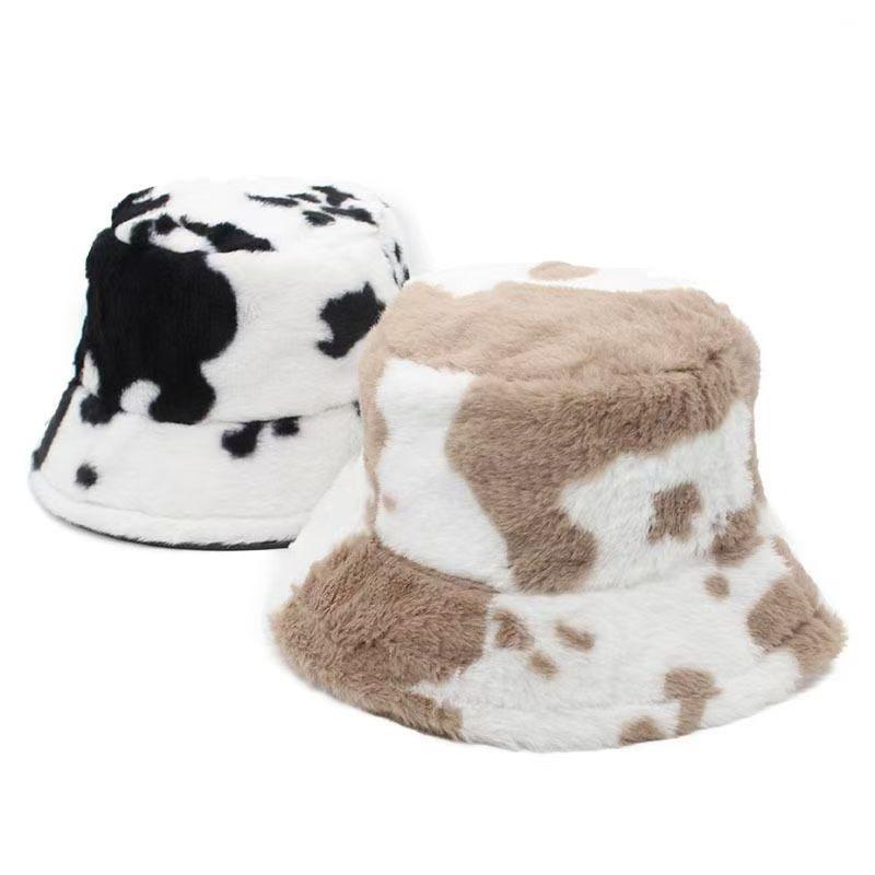 Black and white cow pattern bucket hat autumn and winter plush warm shopping versatile basin hat