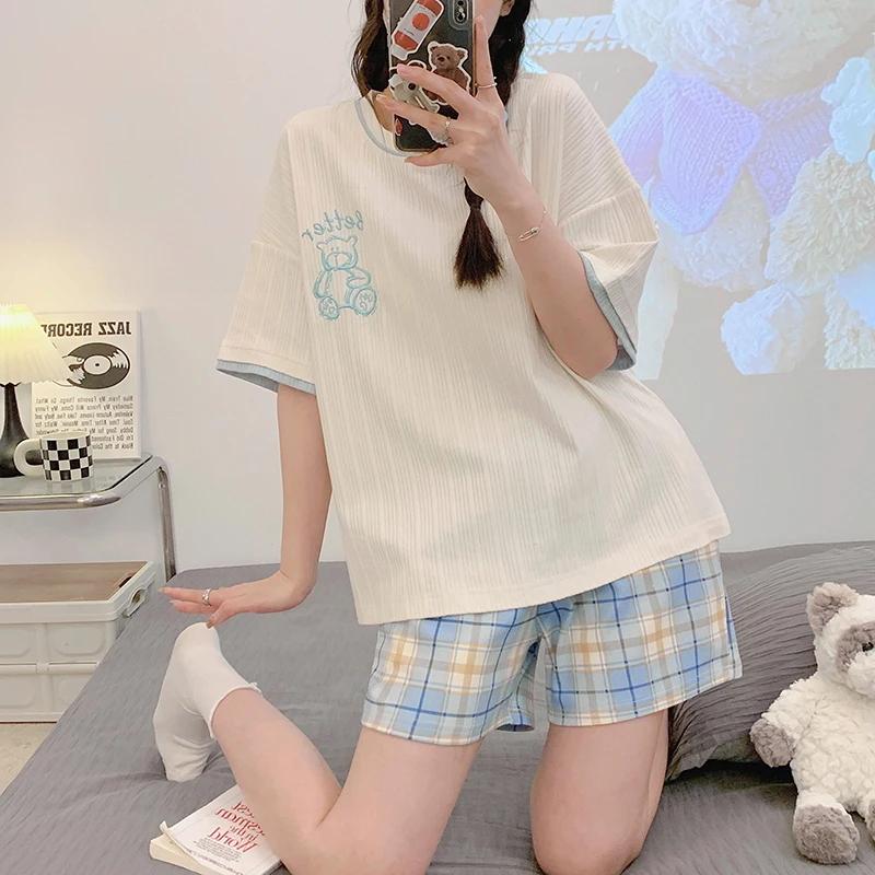 Summer Woman Pajama Cotton Cartoon Sleepwear Orange Cartoon Printing Pyjamas Set Young Lady Shorts Pullover Lingeries
