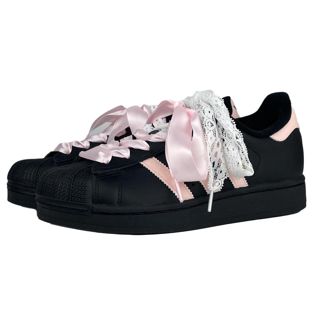 adidas Originals Superstar 2 Lace Sweetheart Abrasion Resistant Breathable Low Top Skateboard Shoes Women's Black Pink JI0079(Team1090-)
