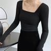Long-sleeved Square-neck T-shirt Women's Slim-fit Exposed Collarbone Low-neck Short Top Bottoming Shirt
