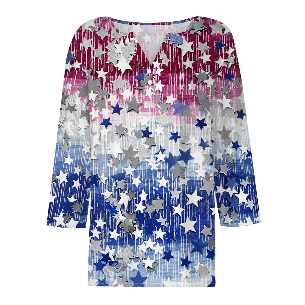 Women's T Shirt Independence Day Print Button 3/4 Sleeve Daily Weekend Fashion Basic V- Neck Regular Top