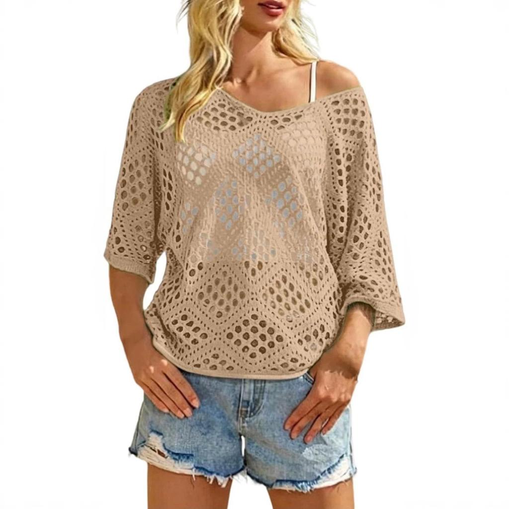 Women's European/American Loose Knit Sweater: Solid Color, Hollow Mesh Design