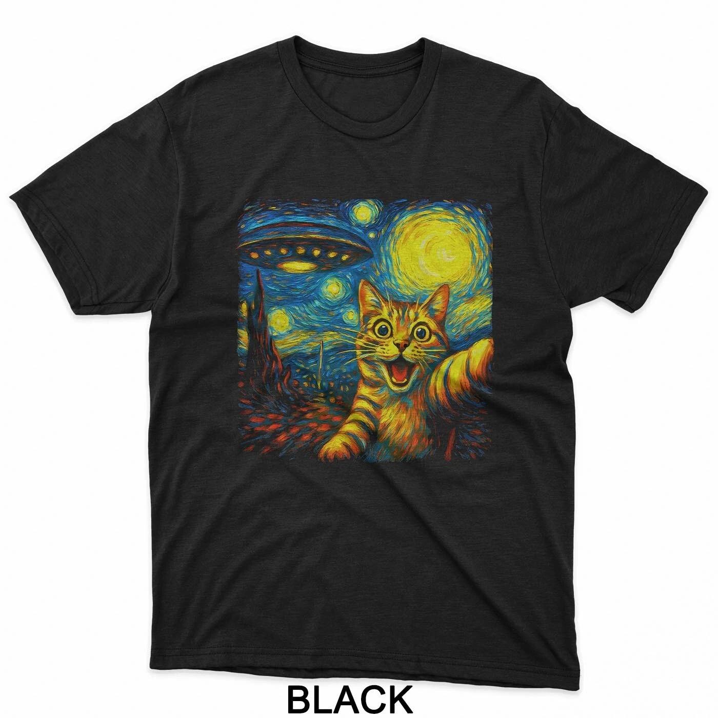 Cat Selfie With Alien UFO Funny Starry Night Van Gogh T-Shirt S