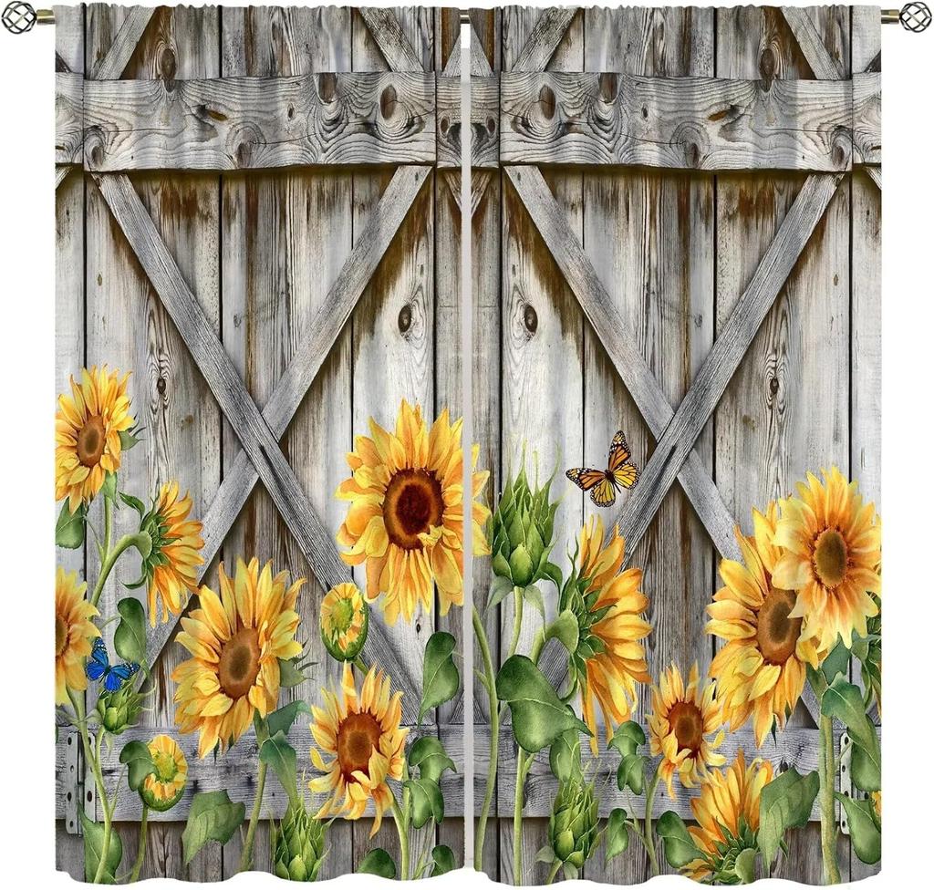 Sunflower Curtains for Kitchen,Black Pithy Rustic Sunshine Beautiful Wonderful Sunflower Plant Flower Butterfly Window Drapes