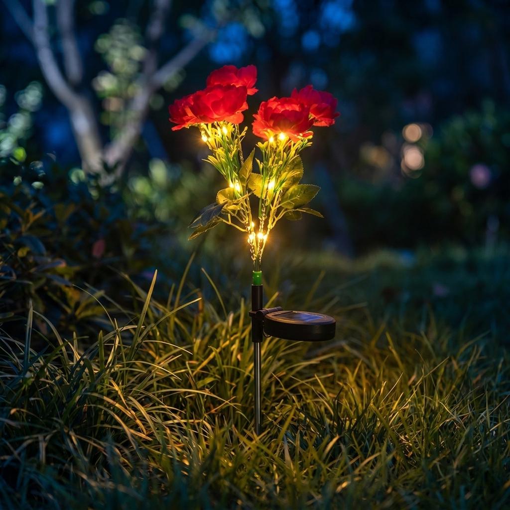 Solar Powered Peony Artificial Flower Light Outdoor Garden Stake with LED Bulbs for Yard Pathway Patio Decoration
