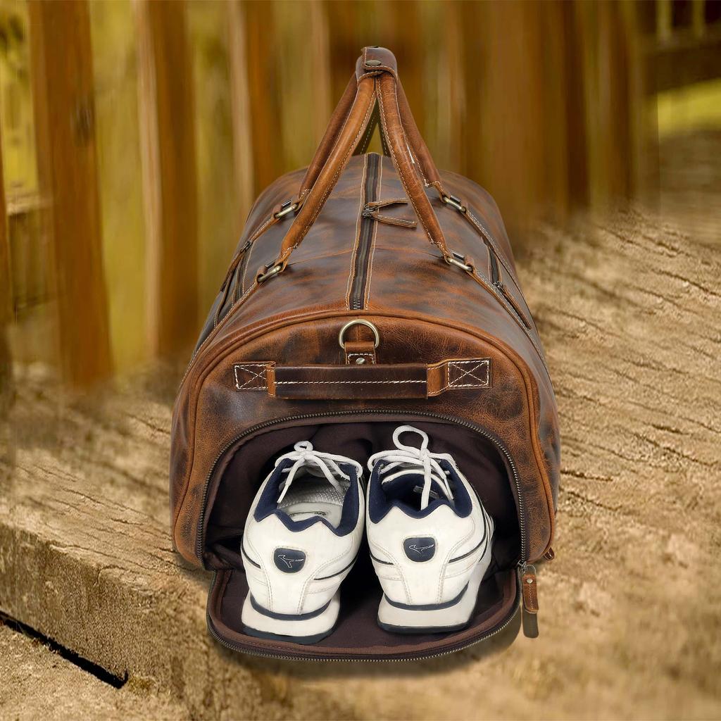 Full Grain Leather Duffle Bag with Shoe Compartment: Personalized Travel Luggage