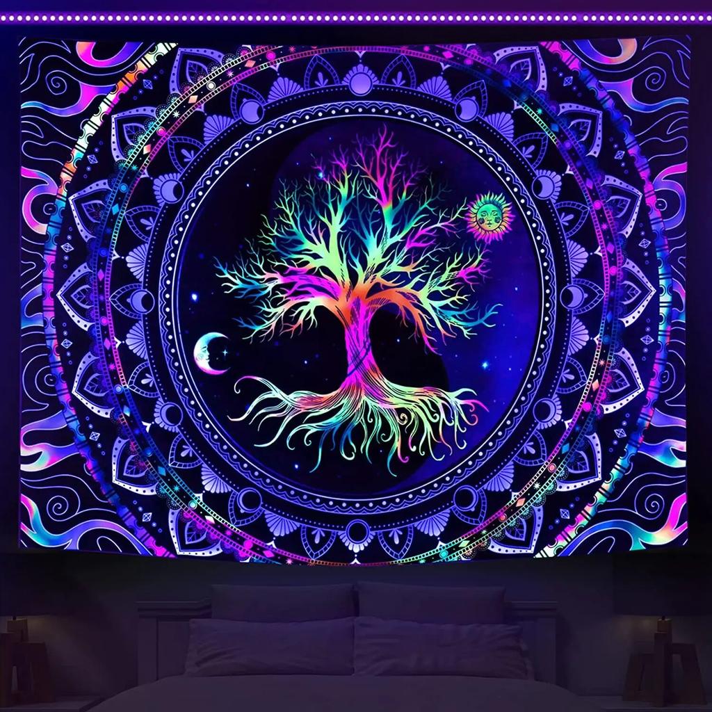 Psychedelic Black Light Colorful Tree of Life Fluorescent Tapestry UV Response Wall Hanging Hippie  Room Decoration