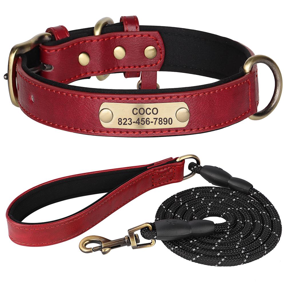 Conjunto Coleira e Guia Personalizado para Cães Coleiras com Etiqueta de Couro PU Personalizada Placa de Identificação com Nome Gravado Gratuitamente Para Cães Pequenos Médios Grandes Pitbull