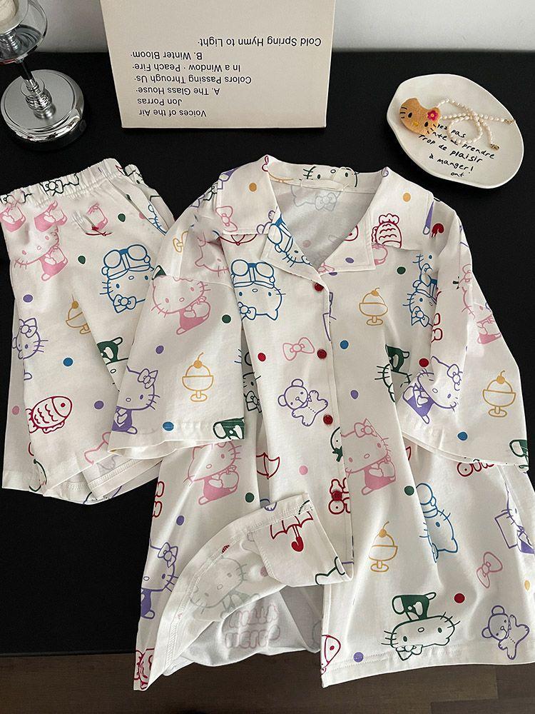 

Full of color Hello Kitty pajamas women s summer short-sleeved shorts cardigan set soft cute princess style loungewear S