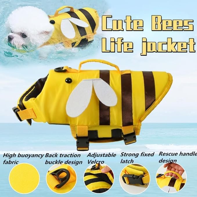 AZA Dog Life Jacket Shark Life Vest with Rescue Handle Cute Bees Costume Girl Adjustable High Buoyancy Swimwear for Small Medium Large Dogs Boy