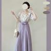 Chinese Tang Dynasty Style Hanfu, Flat Collar Top And One Piece Skirt, Wide Leg Pants, Temperament, Fashionable Suit For Women