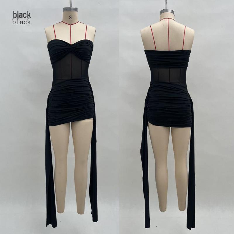 2025 Summer Women's Strapless Chiffon Dress with Mesh Patchwork and Ribbon