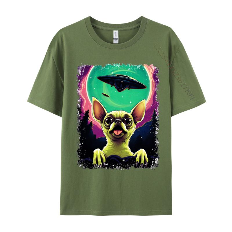 100 Cotton Fabric Men Chihuahua Puppy Surprised Ufo Flying Saucer T Shirt Casual Tops Shirt 2024 Newest Tops Shirt