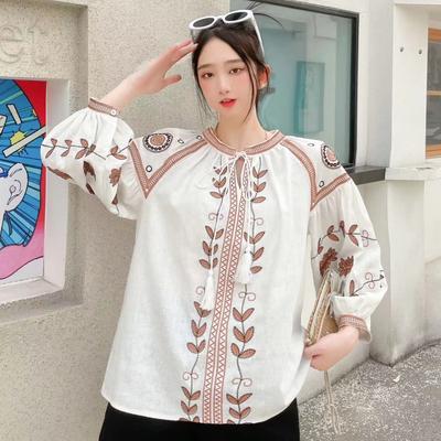 Women Spring Blouse Vintage Ethnic Style Long Sleeve Round Neck Loose Embroidered Cotton Hemp Pullover Shirt Casual