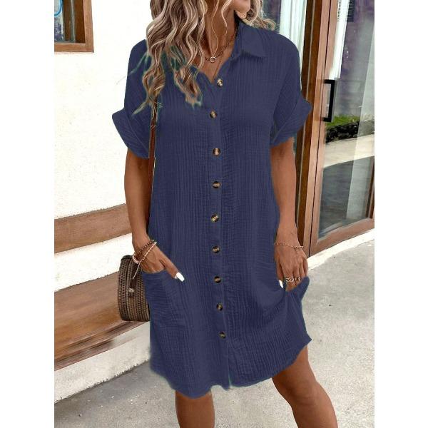Casual Solid Color Single-breasted Medium and Long Short-sleeved Loose Casual Dress Women's Clothing
