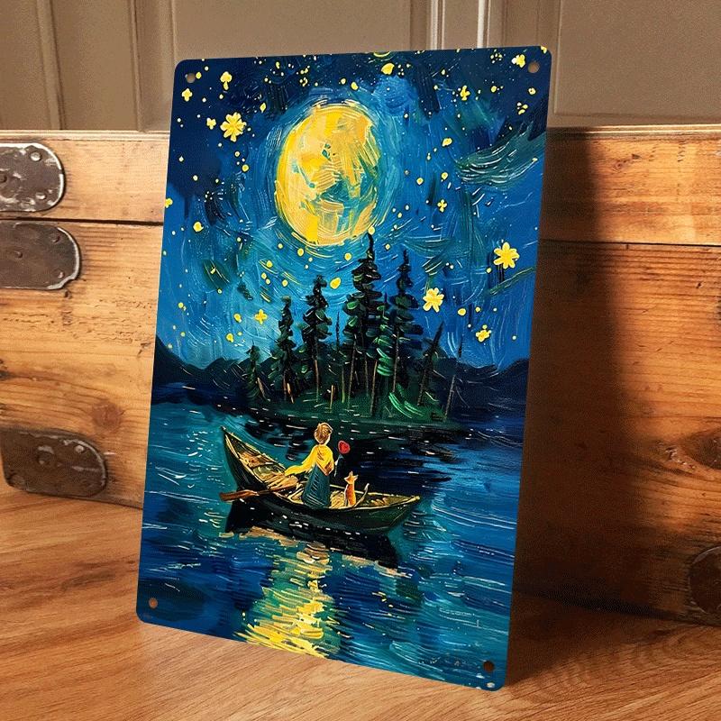 

1 piece: Dreamy Starry Night Moonlit Boat Girl Tin Painting Hanging Plaque Living Room Entrance Decor Nordic Style Home Furnishi (as the picture,20x30cm)