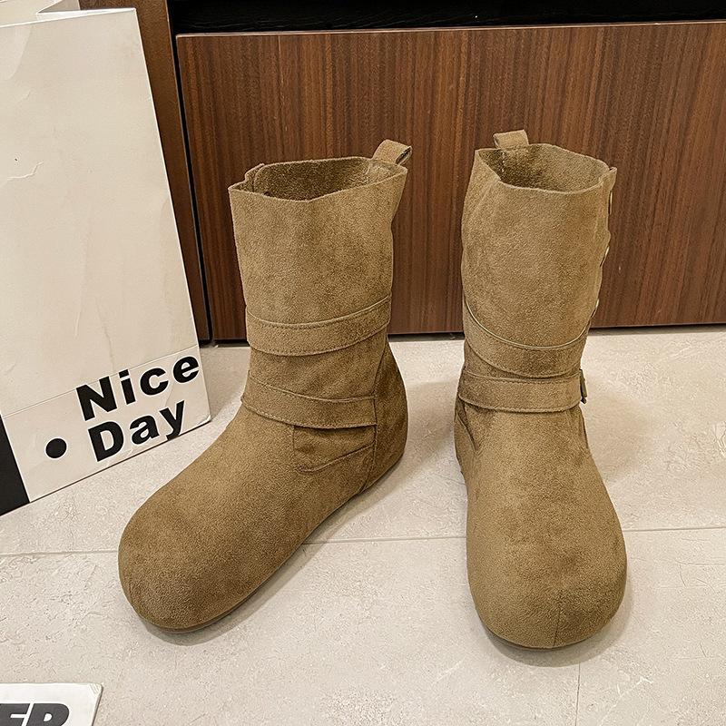 Wear Versatile New Belt Buckle Martin Boots with Soft Bottom for Inner Height Increase, Short Boots for Women, Thin Suede, Retro and Casual Two.