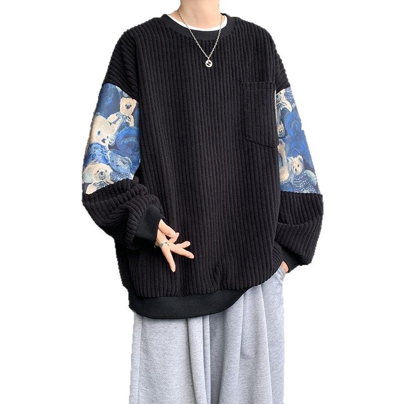 Men's White Corduroy Hoodie with Little Bear Embroidery, Heavyweight Plus Velvet, New Chinese Style, Thickened for Autumn/Winter.