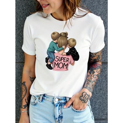 Europäische Größe Damen Super Mom Aufdruck T-Shirt - Kurzarm Rundhals Lässiges Oberteil mit "Super Mom" & "Mom" Text, Bequem