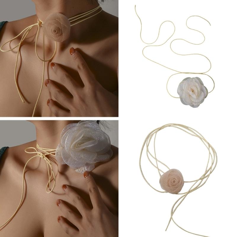 Stylish Lace Rose Clavicle Chain Necklace Long Rope Flower Choker Collarbone Chain Bridals Wedding Party Accessory