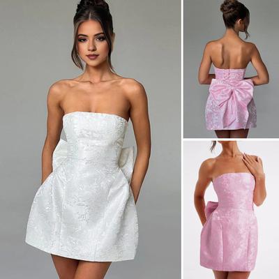 Women Evening Dress Big Bow Decor Bandeau Off Shoulder Floral Texture Sleeveless Lace-up A-line Backless Prom Cocktail Party Ball Gown Mini Dress