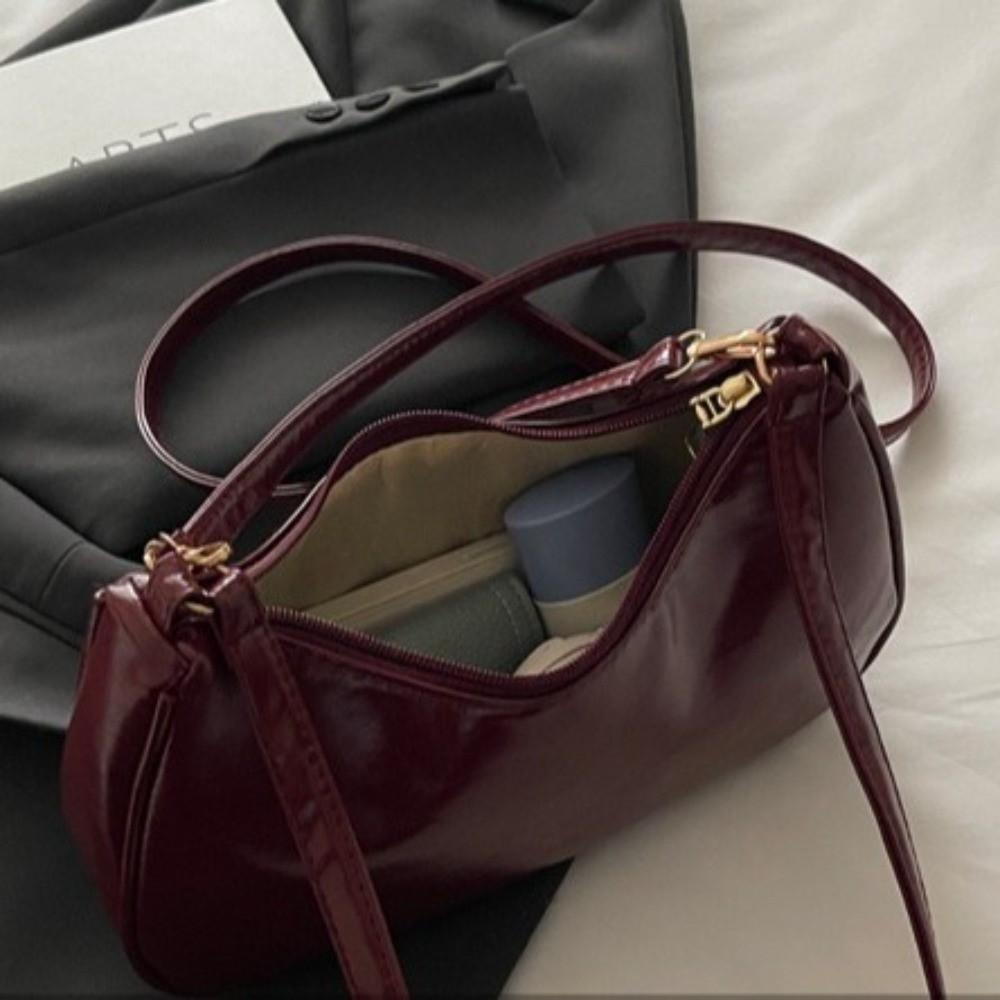 Bow Pendant Oil Wax Leather Crossbody Bag Elegant Underarm Bag Fashion Crescent Bag Casual Wear