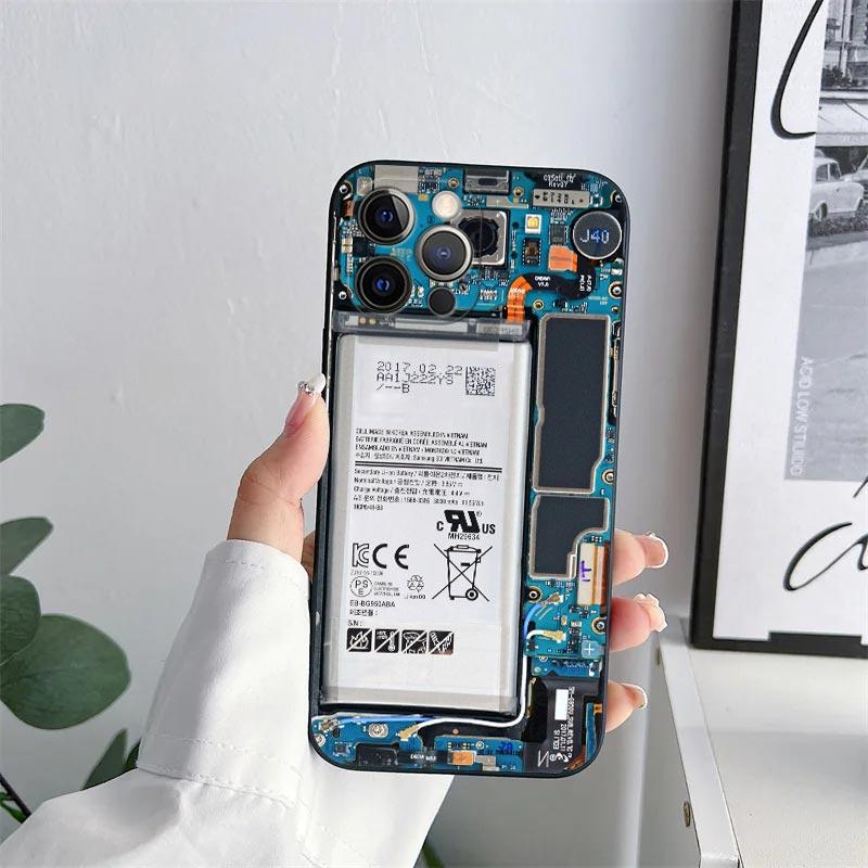 

Phone Back Circuit Board Phone Case for iPhone 11 15 Pro Max Case Coque 14 Plus 13 Pro 12 11 X XS XR 7 8 SE 2020 TPU Soft Cover iPhone 14